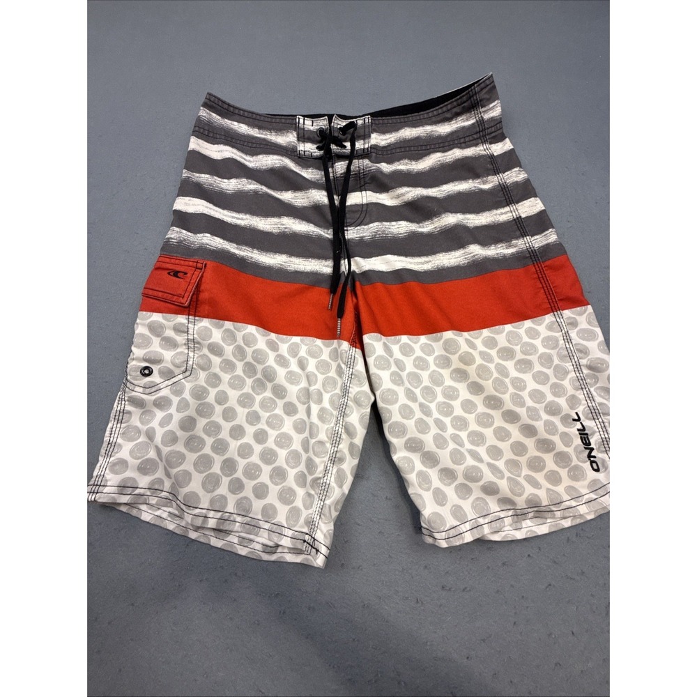 O'Neil Board Shorts Superfreak GRAY STRIPE RED Size 30 SWIM DRAWSTRING